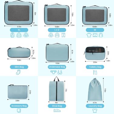 Набір органайзерів для одягу в дорогу Packing Cubes для валізи, 10 шт, блакитно-зелений