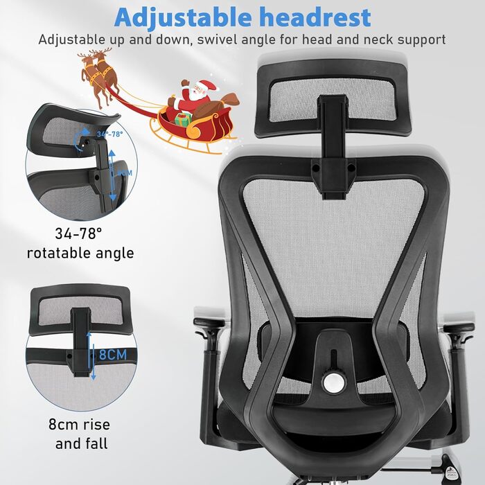 Ергономічне крісло для офісу з підголівником та підтримкою попереку, регульовані підлокітники та висота, поворотне крісло з регулюванням нахилу 90°-130° (фіксація), вантажопідйомність до 150 кг