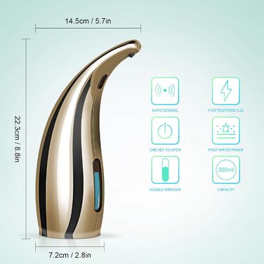 Автоматичний дозатор мила HMJIA 300 мл, водонепроникний IPX6, датчик, для кухні, ванної кімнати, готелю, ресторану (золото)