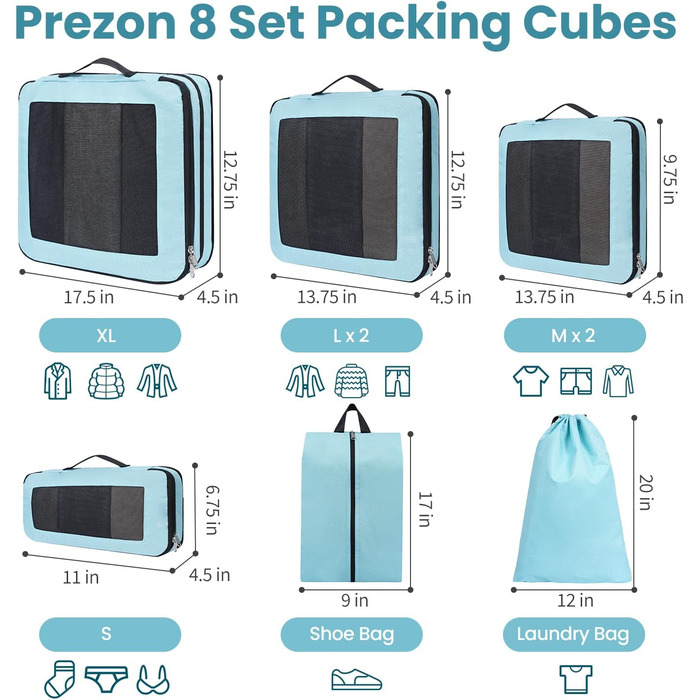 Набір компресійних органайзерів для подорожей з сіткою, розширювані пакувальні куби для одягу в валізу, м'ятний колір, 8 предметів