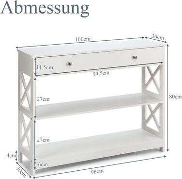 Консольний стіл SOARS з ящиками та 3 полицями, X-Frame, 100 x 30 x 80 см, білий