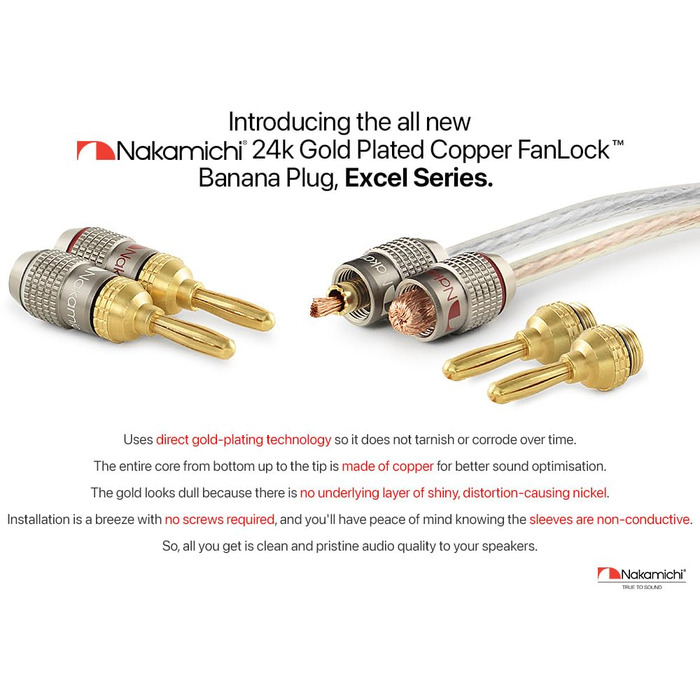 Банан-штекери Nakamichi FanLock 24K з позолоченим покриттям, 10-18 AWG, 4 мм, 24 шт. и (12 пар) для Hi-Fi аудіо