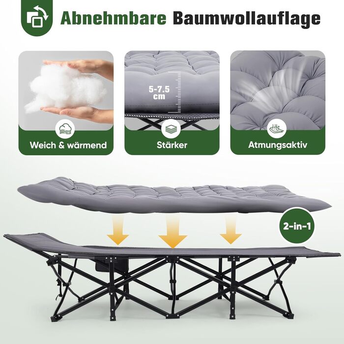 Розкладне ліжко для кемпінгу Sekey XXL (190x71x35 см) з матрацом, посилений сталевий каркас та тканина Oxford, сіре