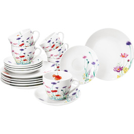MamboCat Marie - 18-Piece Coffee Set | Porcelain Dinnerware with Floral Decor for 6 People | 6 Cups (190ml), Saucers & Plates for Breakfast & Coffee