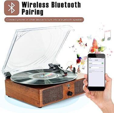 Bluetooth вініловий програвач із вбудованими динаміками, підтримка USB, RCA виходу, AUX, навушників, автостоп, 3-швидкісний ремінний привід, портативний фонограф для розваг і декору