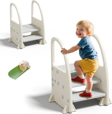 Дитячий табурет Hoopyosms Tritthocker з ручкою, сірий. Безпечний, з 2/3 сходинками для ванної, кухні та туалету