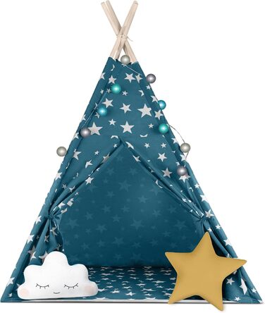 Дитячий намет NUKIDO Tipi з бавовни та дерев'яним каркасом, блакитний, 120x120x165 см
