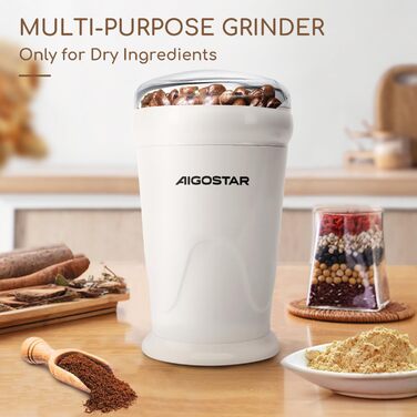 Кавомолка електрична Aigostar для кави, спецій, горіхів та зерна, нержавіюча сталь, 60г, 200 Вт, біла (2 шт)