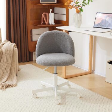 Офісний стілець Bonnlo з роликами, стілець до туалетного столика, регульований по висоті, для робочого кабінету, спальні, home office, з м'якої тканини Teddy, білий (сірий)