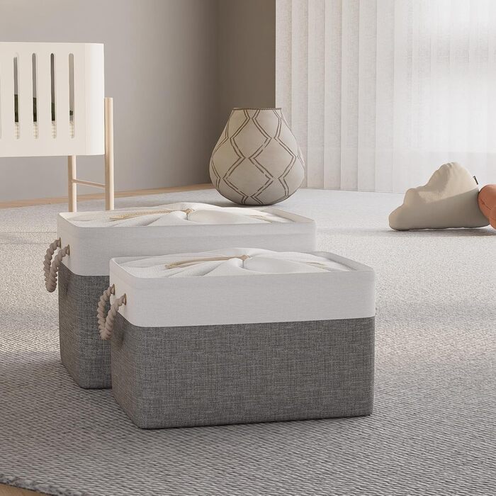 OUTBROS Коробки для зберігання (3 шт.) 33x23x20 см, тканинні, з шнурком та ручкою, складні, сірий/білий