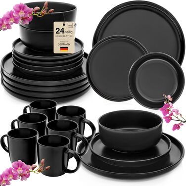 Набір посуду SÄNGER Madeira на 6 осіб, 30 предметів: тарілки, чашки, салатники, стеатовий фарфор, чорний, для мікрохвильовки та посудомийної машини | VALUE COLLECTION