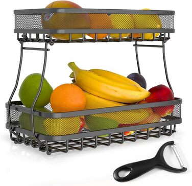 Х ярусний кошик для фруктів, етажера для фруктів, лоток з вуглецевої сталі, знімний, більше місця на робочій поверхні, зберігання фруктів і овочів., 2-