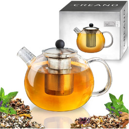 Скляний чайник Creano 1.3 л, скляний чайник із 3 частин із вбудованим ситечком з нержавіючої сталі та скляною кришкою, ідеально підходить для приготування чаю на розлив, без крапель, все в одному (1,6 л)