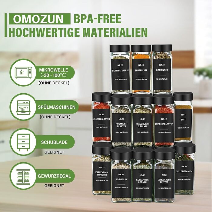 Набір кутових банок для спецій з етикетками (24 шт.): скляні дозатори для спецій 120 мл з ситечком, вологостійкі етикетки, органайзер для спецій у шухляду, чорний колір