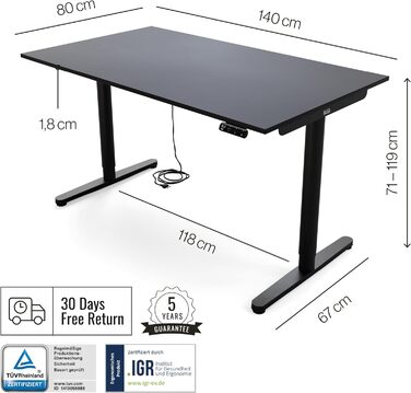 Дитяча парта Yaasa Desk Basic S, 120x70 см, вкл. ключовий замок, USB-порт для зарядки, парта, що росте разом з дитиною (антрацит, 140x80 см)