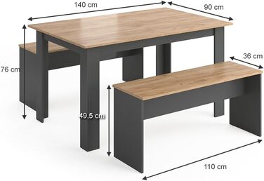 Набір обідніх столів Vicco Sentio, Дуб Антрацит/Голдкрафт, 90x140 см, в т.ч. 2 лавки
