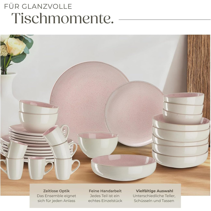 Набір посуду Tectake® 30 предметів для 6 осіб, керамічний посуд, ручної роботи, тарілки, миски та чашки, придатний для миття в посудомийній машині та використання в мікрохвильовій печі - Coral Blush