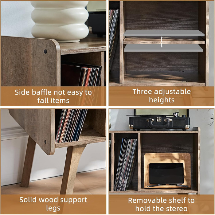 Сумка для вінілових платівок LELELINKY: стійка підставка для 220 платівок, з міцними дерев'яними ніжками, Mid-Century стиль, біле вінілове сховище (дуб)