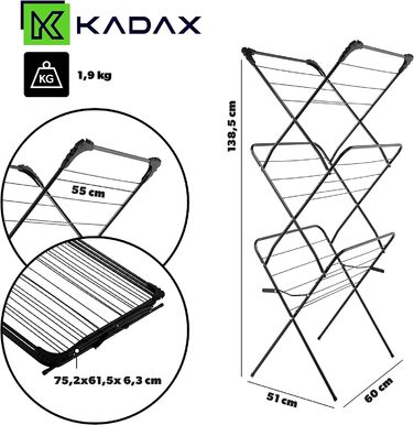 Сушильна стійка KADAX Black Tower, сталева сушильна стійка з порошковим покриттям, підлогова сушарка з сушильною зоною 15 м, сушильна машина з протиковзкими ніжками (чорна)