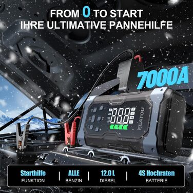 Powerbank з компресором Starthilfe 6500A: акумулятор для автомобіля 12V з повітряним насосом, стартер-бустер (9.0L бензин/8.5L дизель), LED 500 Lumen (чорний), піковий струм 7000A