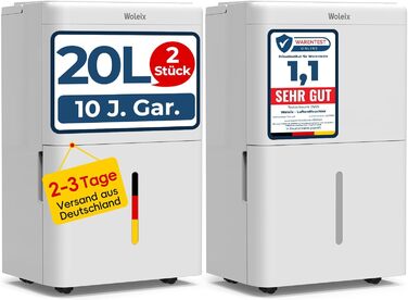 Електричний осушувач повітря Woleix 20L: для підвалу, кімнат до 150 м³, 39dB, з таймером, фільтром та 1м шлангом, гарантія 10 років (2 шт.)