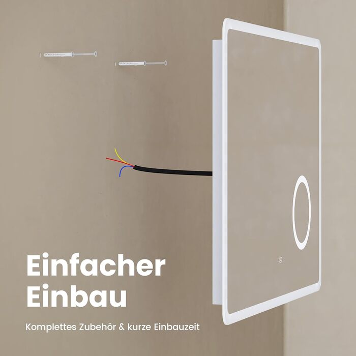 EMKE® LED дзеркало для ванної кімнати 80x60 см з підсвічуванням, сенсорне, регулювання яскравості, протизапотівання, 3 косметичні дзеркала, годинник, IP44