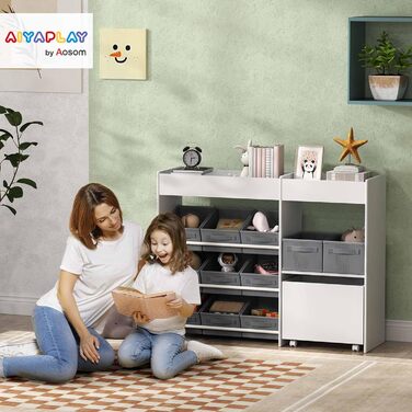 Дитяча полиця AIYAPLAY з 11 ящиками для зберігання, книжкова полиця для дітей, органайзер іграшок, полиця для дитячої кімнати з верхніми секціями, 3 наклейки для дитячої кімнати/садочка, 105 x 30 x 80 см, білий