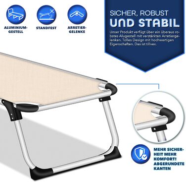 Сонячне ліжко Tillvex® з дахом та подушкою для голови | Садова лежанка, розкладний лежак | Пляжний лежак з регульованою спинкою | Алюмінієве ліжко (Basic, Бежевий)