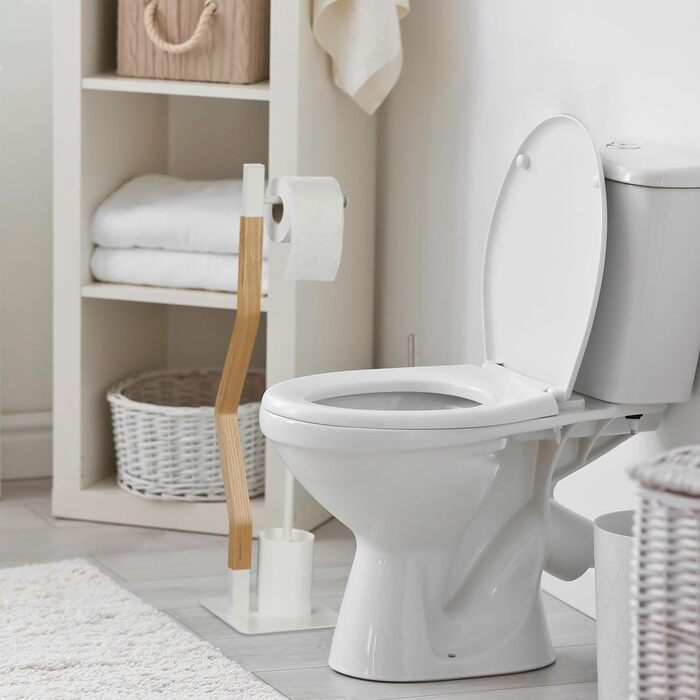 Туалетний набір Relaxdays, вертикальний тримач для туалетного паперу, йоржик для унітазу з тримачем для йоржика, HWD 76x20x20 см, білий/натуральний