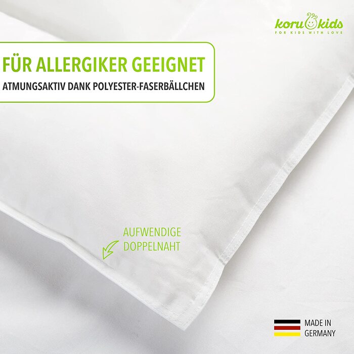 Дитяча подушка Koru Kids® 40x60 см – 100% бавовна, Oeko-Tex, Made in Germany, наповнювач 100г (суміш пуху та поліестеру)
