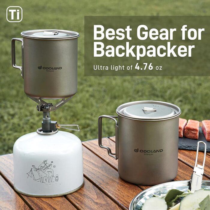 Набір посуду для кемпінгу Odoland Titanium: кружка 420 мл з кришкою та ложкою, для походів, туризму та подорожей