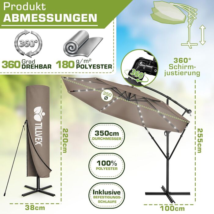 Садова парасолька Tillvex Alu з LED-сонячним освітленням, 300 см, Cappuccino — алюмінієвий зонт з ручкою-кранцем, захистом від UV та вітру, у комплекті з чохлом та стійкою