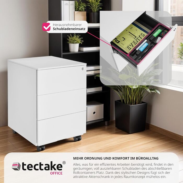 Шкафчик для офісу tectake® з металу, з ключем, на колесах, з висувними ящиками. Органайзер для столу, мобільний шафчик, білий