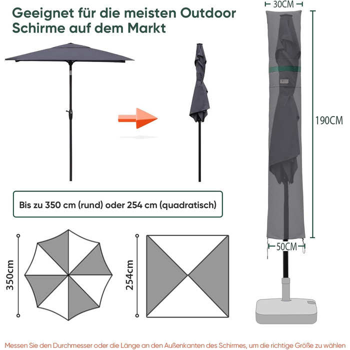 Чохол для садового парасоля Sekey: захисна накидка з отворами для вентиляції, 100% поліестер, водонепроникний, 190 x 30/50 см, темно-сірий
