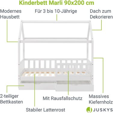 Дитяче ліжко Juskys Marli з 2-компонентним місцем для зберігання, захистом від падіння, рейковим каркасом і дахом - Дитяче ліжко з масиву дерева - ліжко (90 x 200 см, біле)
