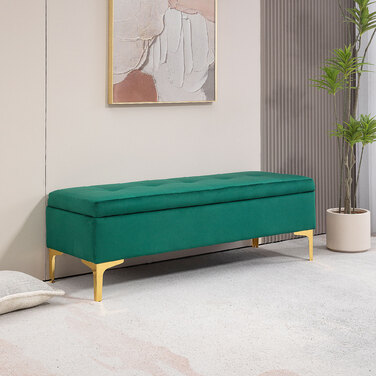 HOMCOM Лавка з місцем для зберігання, м'яка лавка оксамитовий вид 120x44x44.5 см, металеві ніжки, ліжко, лавка для вітальні, спальня, передпокій, зелена