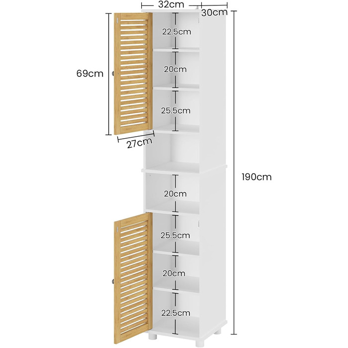 Висока шафа для ванної кімнати з 2 відкритими відділеннями, регульованими полицями та бамбуковими дверцятами, 32x30x190 см