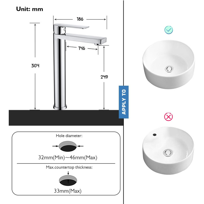 Змішувач для умивальника Decaura, хром, нержавіюча сталь, однорідний, висота виливу 250 мм, для накладних умивальників