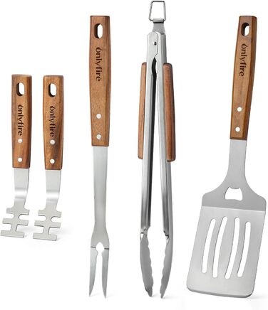 Набір гриль-посуду Onlyfire 4-TLG: щипці, лопатка, виделка, щітка з довгою ручкою з акації та нержавіючої сталі