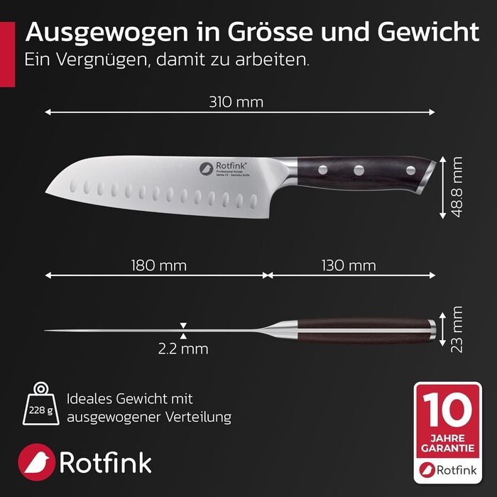Японський ніж Сантоку 18 см, професійний кухонний ніж з нержавіючої сталі, для м'яса та овочів, ергономічна ручка з ебенового дерева, кут заточування 15°, подарункова коробка, 10 років гарантії