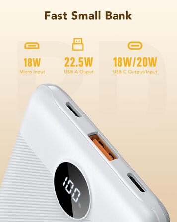 Вт, 10000 мАг, ультратонкий, USB-C, LED дисплей, для iPhone/Samsung/Huawei (білий), 22,5