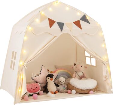 Дитяче намет-ліжко DREAMADE 2 в 1 з гірляндою та прапором, ігровий намет для дитячої кімнати, ігровий будиночок для дітей від 3 років (Бежевий)