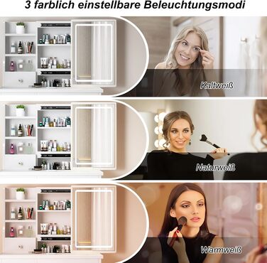 Дзеркальний туалетний столик з LED-підсвічуванням та пуфом, 6 ящиків, 3 полиці, сучасний дизайн, дерево, білий (T68)