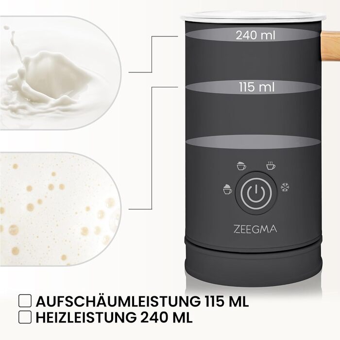 Електричний спінювач молока ZEEGMA MILKEE, 500 Вт, 650 мл, для капучино, лате, какао, антипригарне покриття, сенсорне керування (Чорний)
