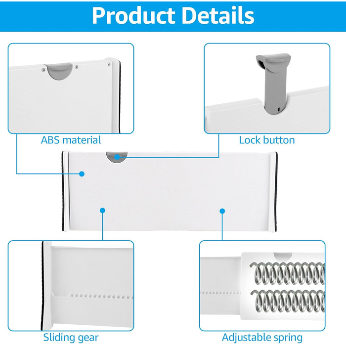Органайзери для шухляд GBCHOOSE (4 шт.) - регульовані роздільники для шухляд 33-55 см, пластикові, 12,5 см, для кухні, комода, ванної кімнати, спальні (білі)