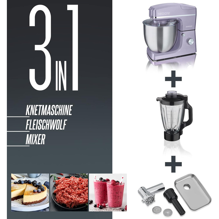 Кухонний комбайн HEINRICHS 3-в-1: міксер, м'ясорубка, кухонний прилад 1500W, 6 швидкостей, 1.5л чаша, 10л нержавіюча сталь (фіолетовий)
