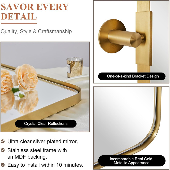 Дзеркало для ванної кімнати MOON MIRROR, прямокутне, з металевим каркасом, 50,8 x 71,1 см, чорне (щітковане золото, 55.9 x 85.7 см)