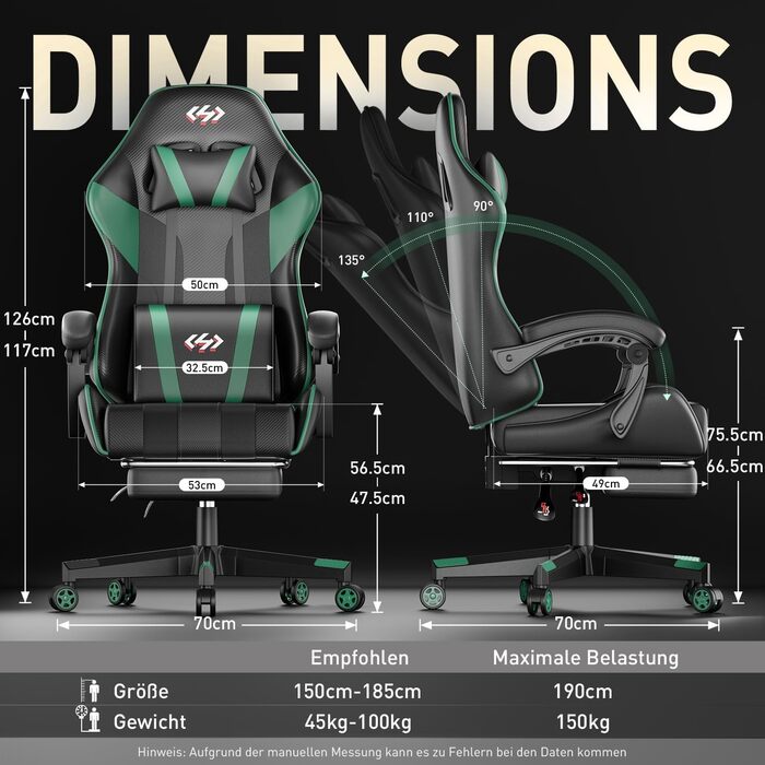 HLONONE Ігровий крісло, ергономічний геймерський крісло з кишеньковим пружинним матрацом, гоночний крісло для геймерів з підніжкою, підтримкою попереку, регульоване офісне крісло, вантажопідйомність 150 кг, PC крісло (Чорний-зелений)