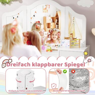 Дитячий туалетний столик MAMIZO 2 в 1 з дзеркалом та пуфом, рожево-білий, 108x30x114 см