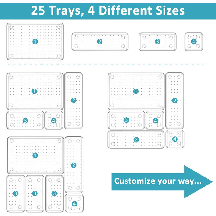 Система організації ящиків, прозорий пластиковий органайзер 4 розмірів для макіяжу, кухні, ванної кімнати, офісу, 25 шт.